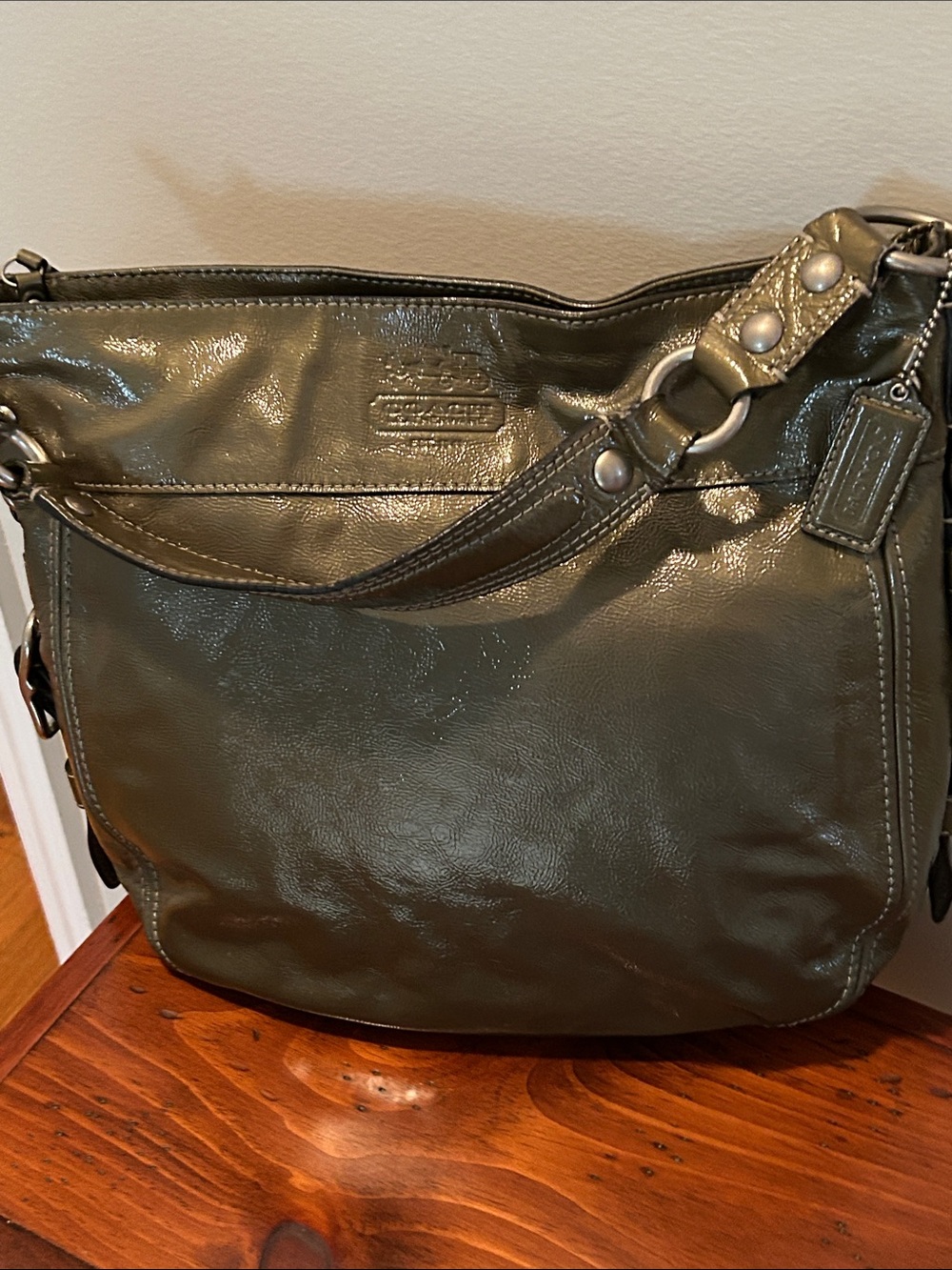 Coach Gray Leather Shoulder Bag with Light Blue Lining.